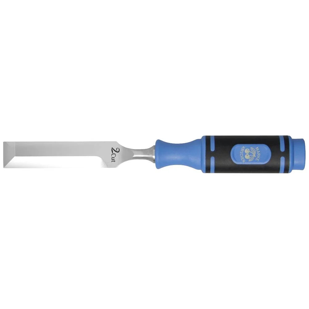 Wood chisel with blue and black handle on a white background