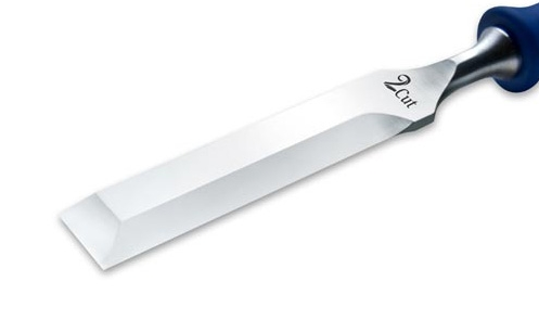 Metal chisel with blue handle on a white background