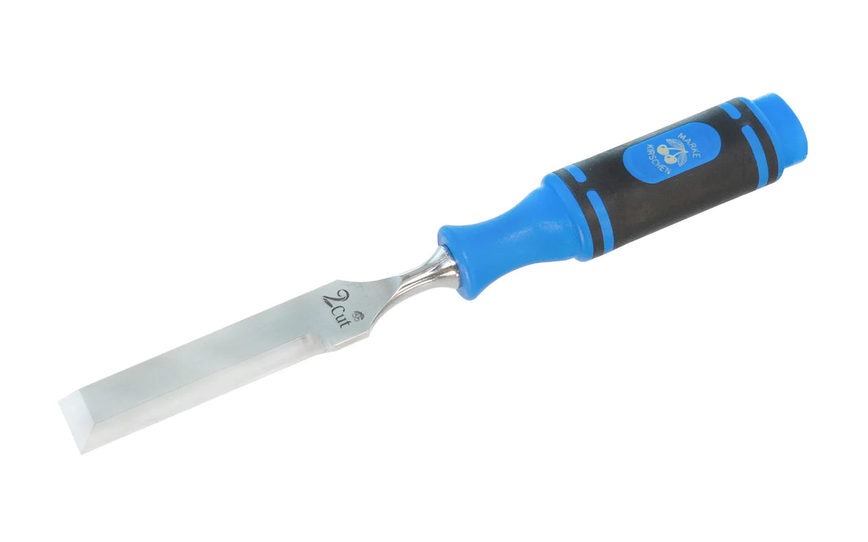 Wood chisel with blue and black handle on a white background