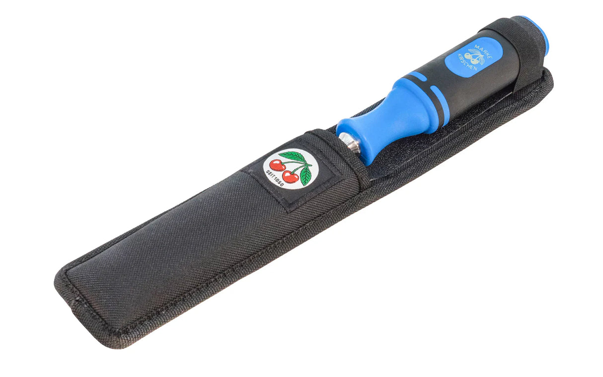 chisel with black sheath featuring a logo on a white background