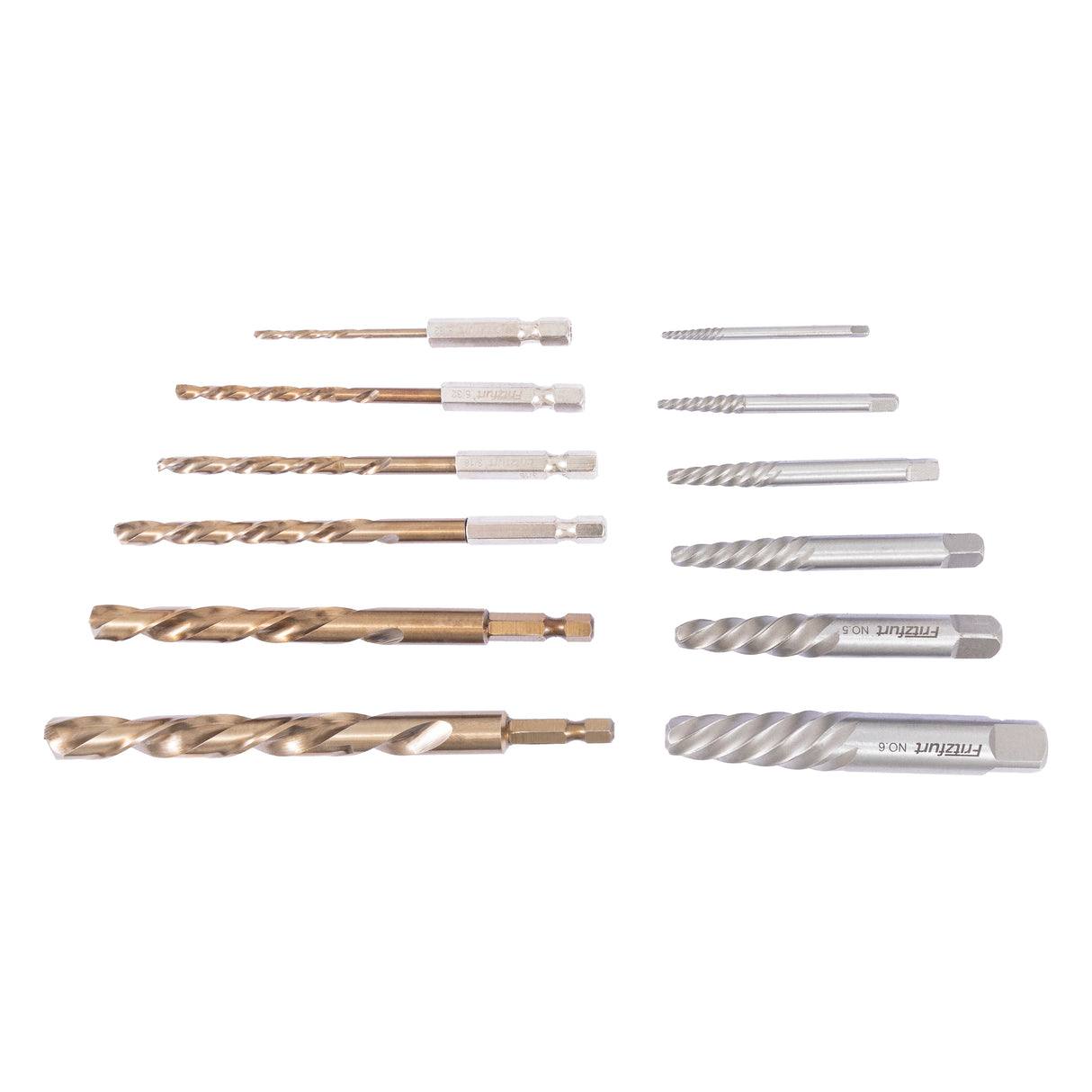 Fritzfurt Drill & Screw Extractor Set of 12 Square Drive Imperial - Close-up view of M2 high-speed steel extractors with 1/4in hex shanks