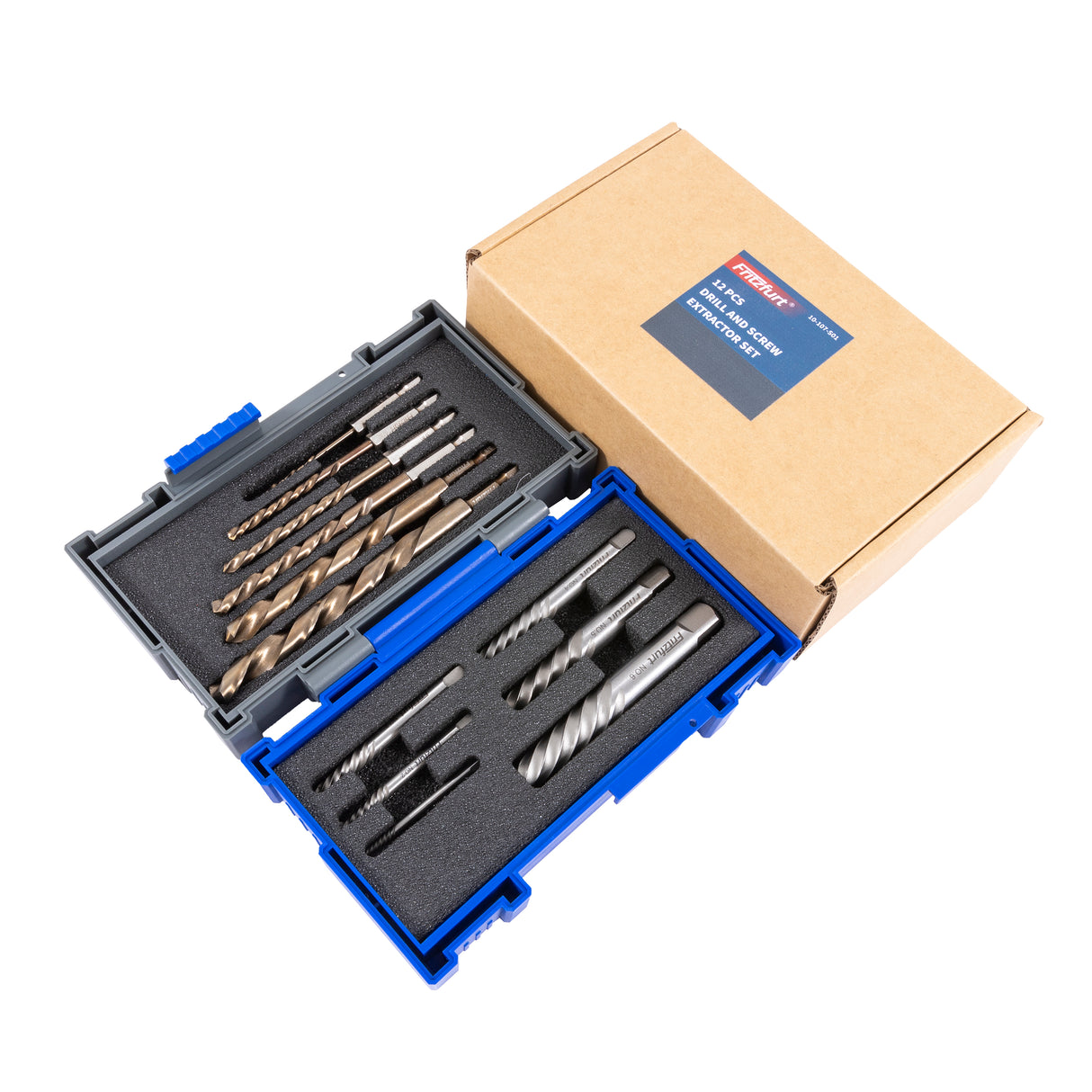 Fritzfurt Drill & Screw Extractor Set of 12 Square Drive Imperial, high-speed steel extractors with 1/4in quick-release hex shanks