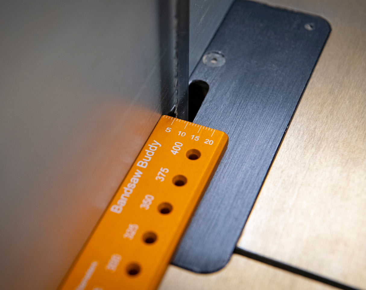 UJK Bandsaw Buddy Blade Alignment Tool 250mm Long in use on a bandsaw fence