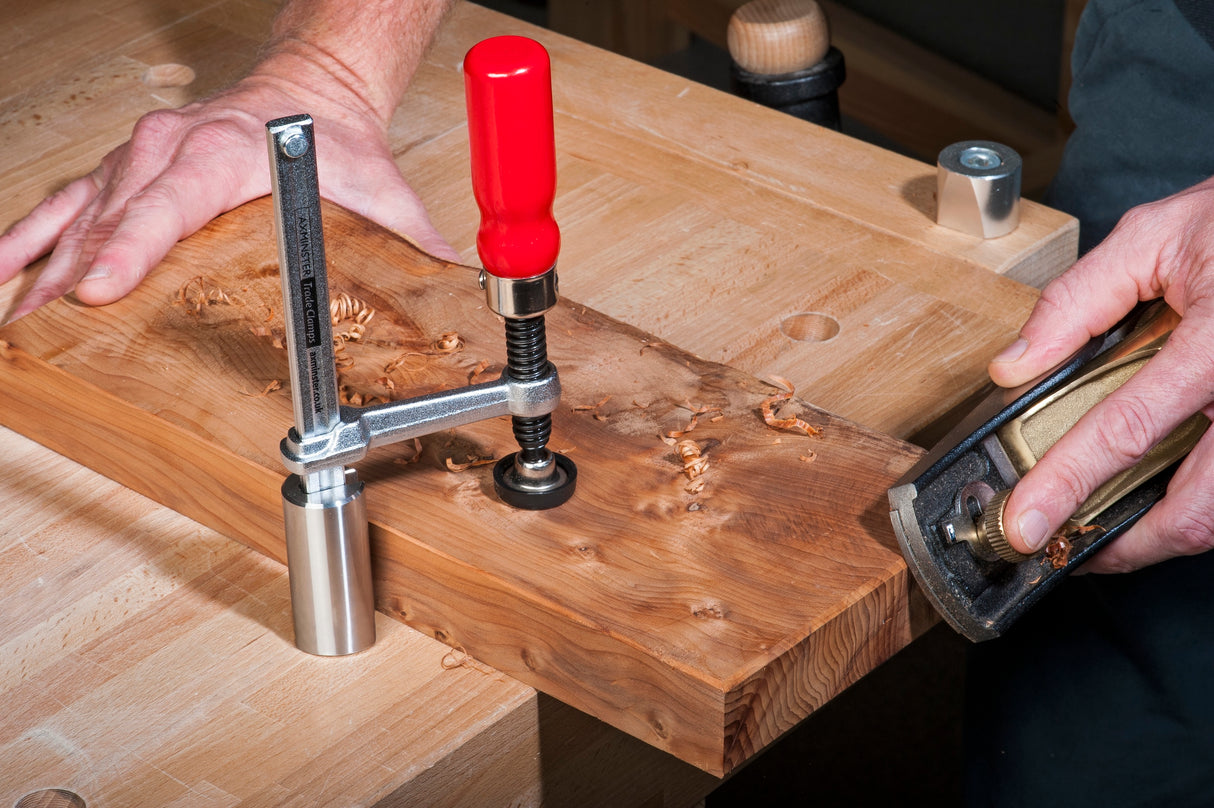 UJK Hold Down Twist Clamp with 55mm Throat Depth on aluminium spigot, ideal for UJK workbenches and cutting tables