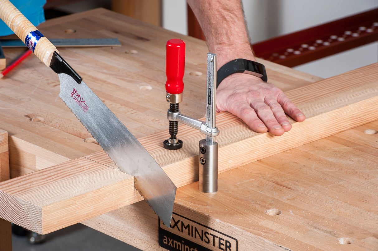 UJK Hold Down Twist Clamp with 55mm throat depth in use on a workbench