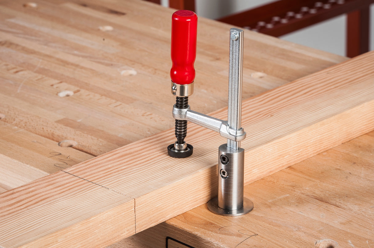 UJK Hold Down Twist Clamp with 55mm Throat Depth in use on workbench
