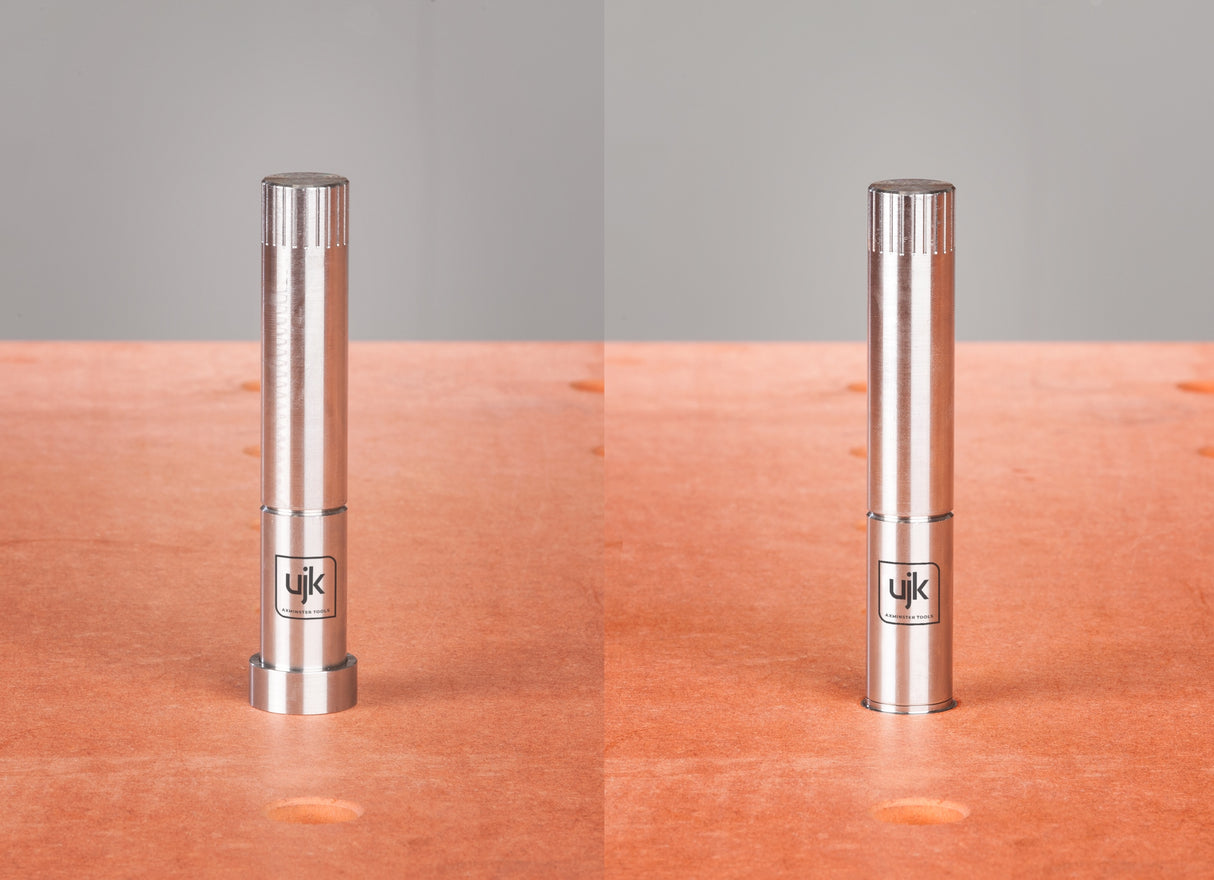 UJK Long Super Dog 20mm Bench Dog in use on multifunction workbench with guide track