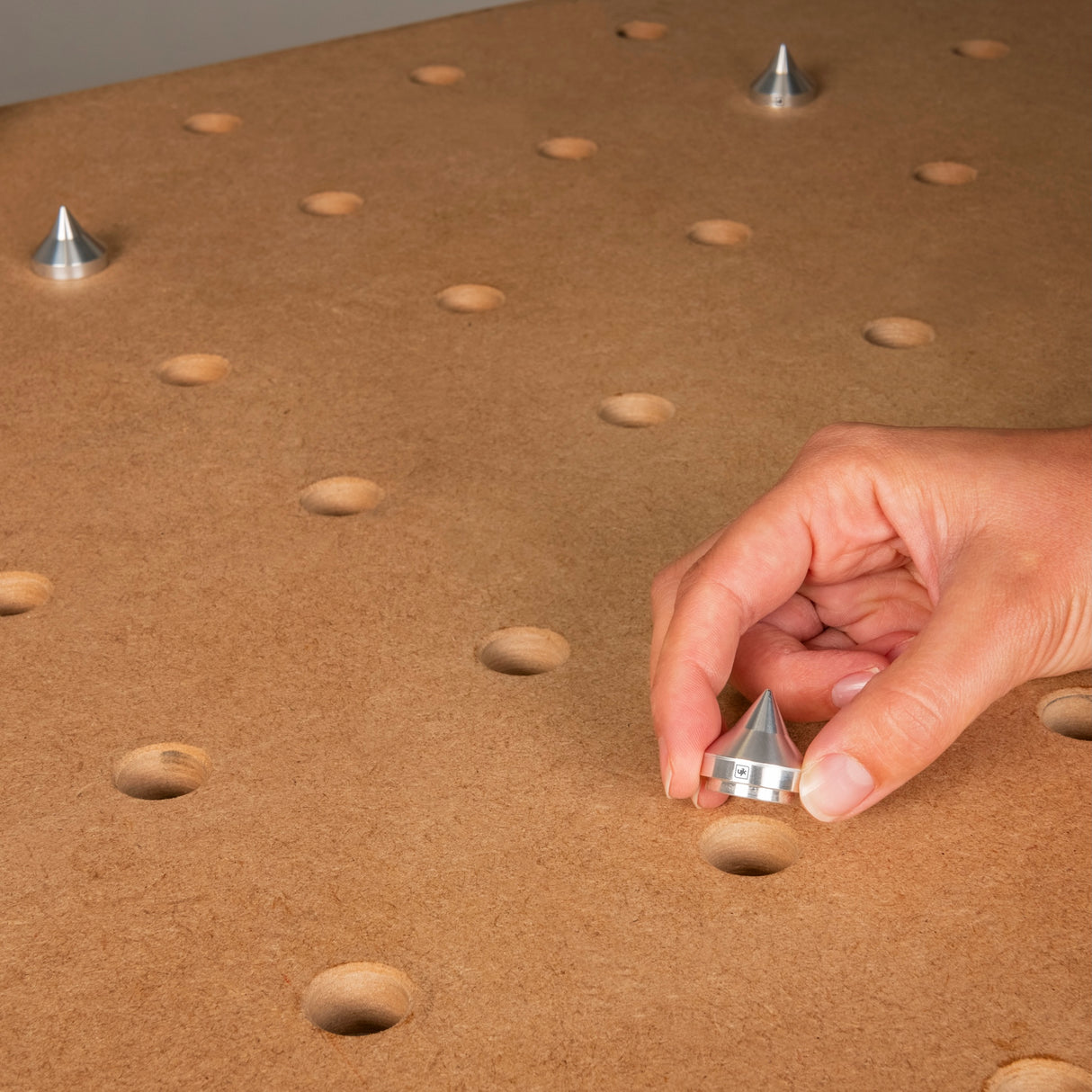 UJK Paint Points Pack of 6 shown in use on woodworking table with 20mm Dog Holes