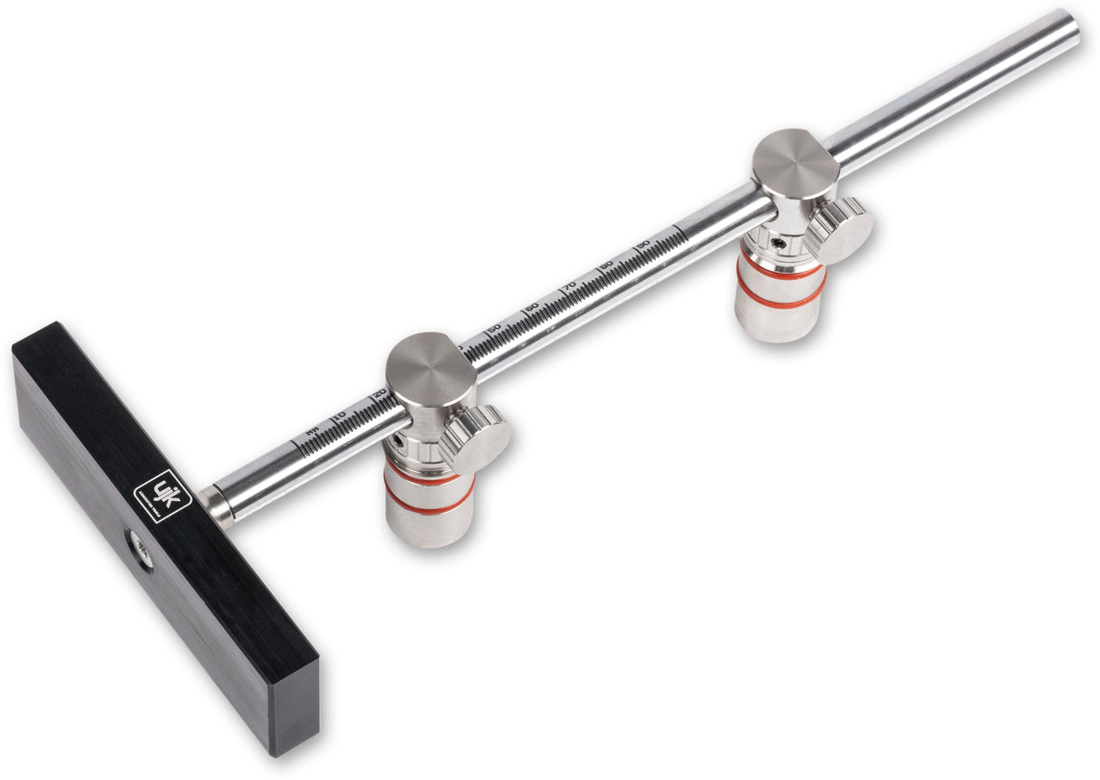 Stainless steel UJK Parf Repeat Stop for precise repeat cuts on 20mm dog hole workbenches