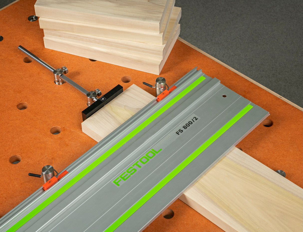 Stainless steel UJK Parf Repeat Stop for accurate repeat cuts on 20mm dog hole workbenches