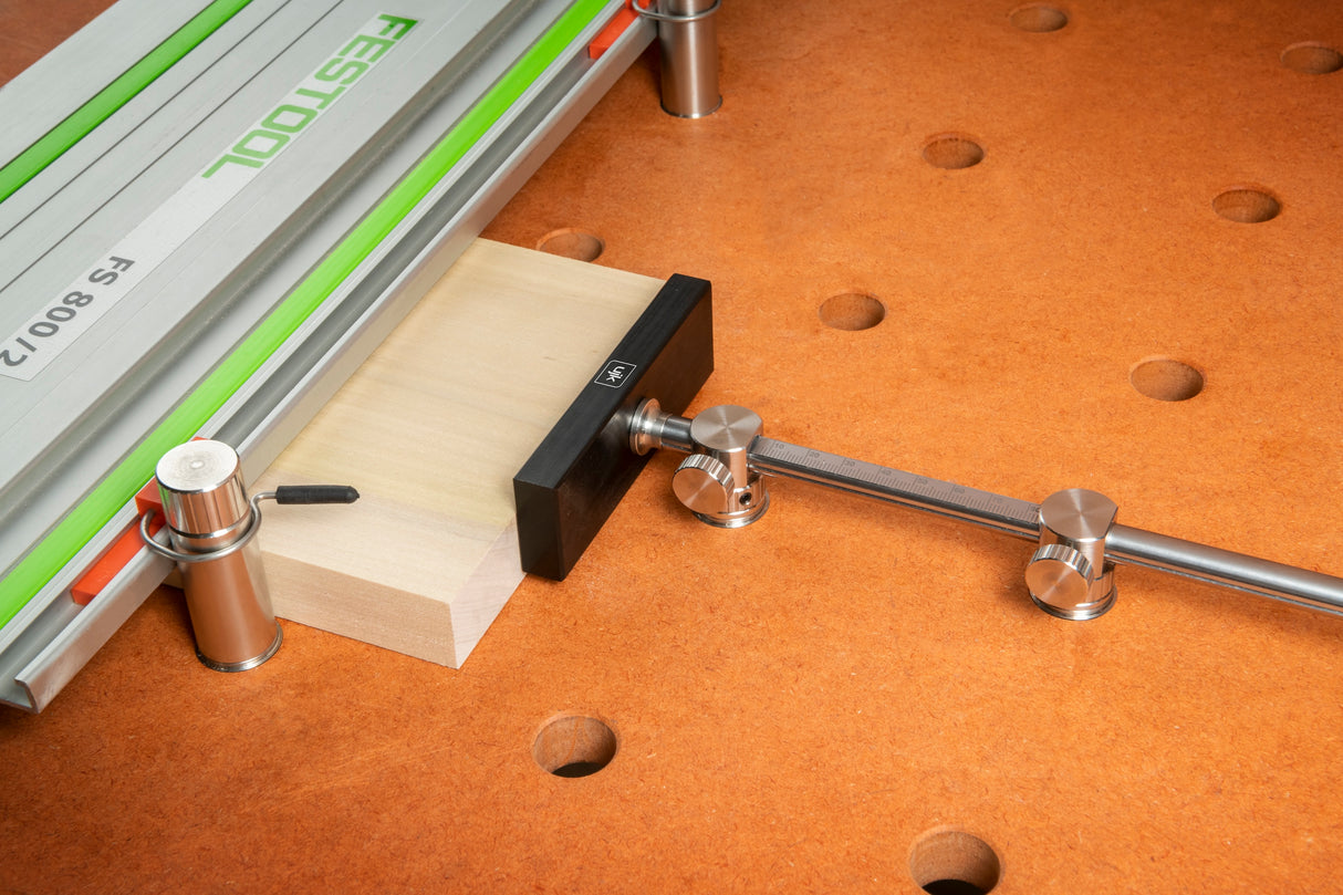 Stainless steel UJK Parf Repeat Stop for accurate repeat cuts on 20mm dog hole workbenches with guide rails