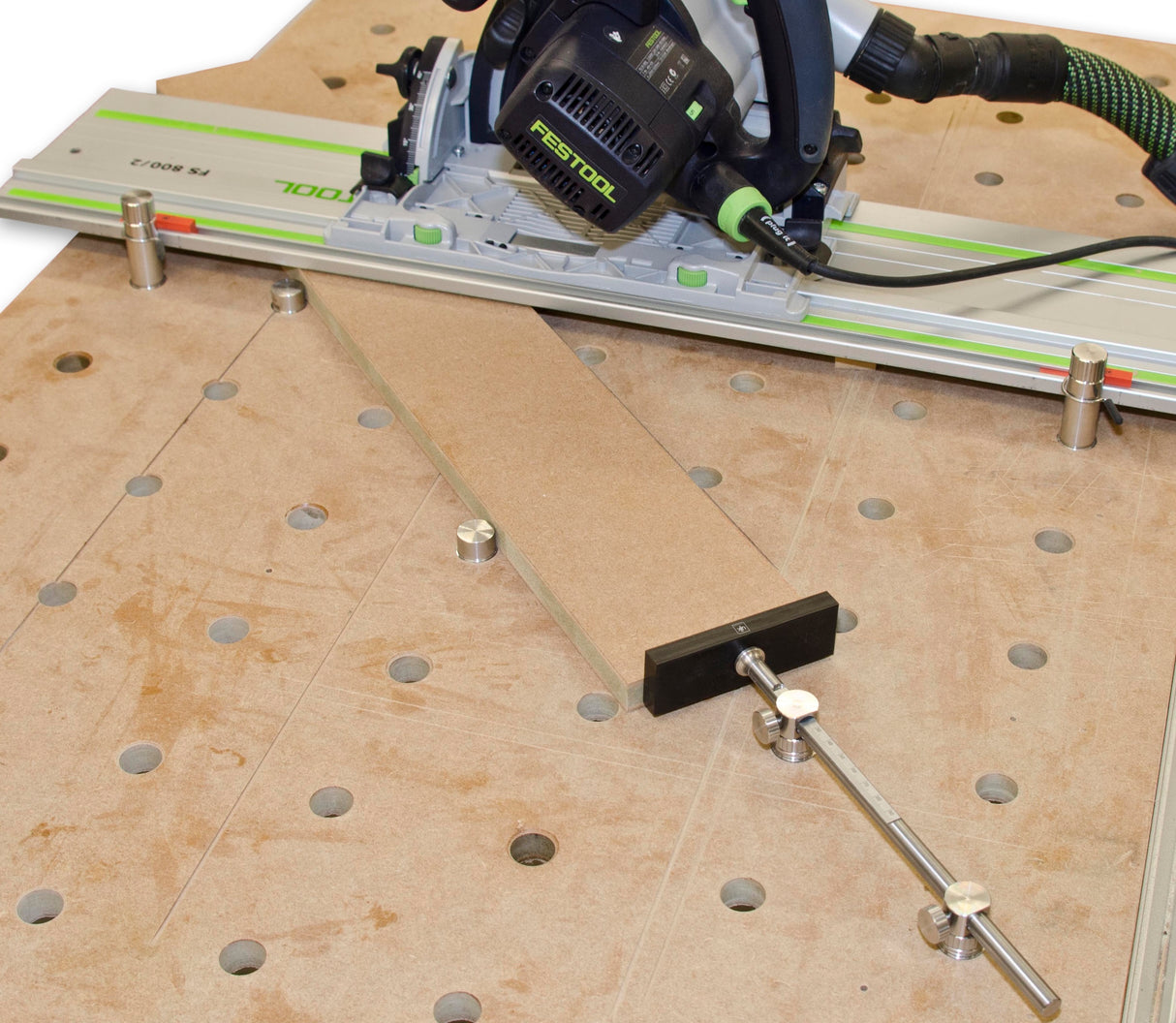 Stainless steel UJK Parf Repeat Stop for accurate repeat cuts on 20mm dog hole workbenches