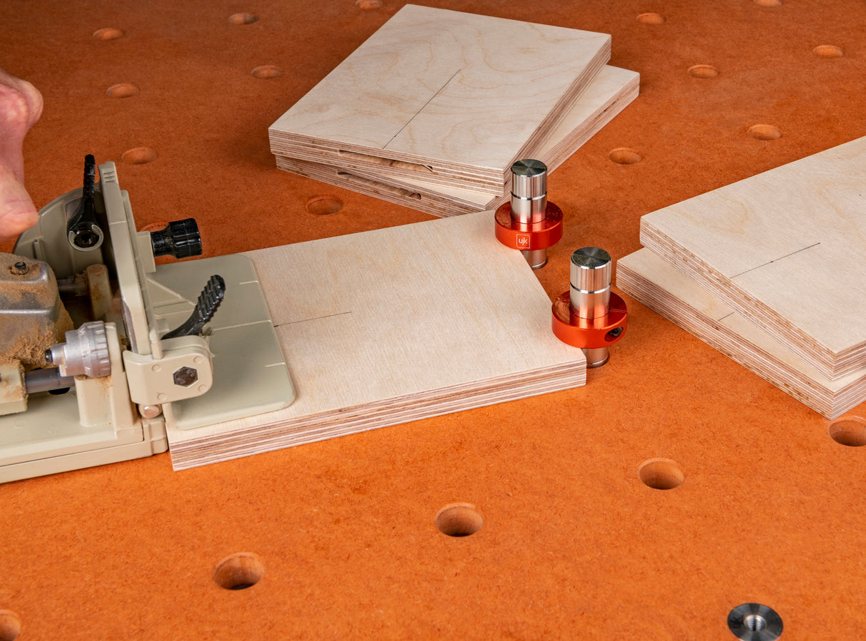 UJK Bench Dog Stop Collars for 20mm Bench Dogs - Pack of 2, rear view, showing 38mm outer diameter and 20mm inner bore