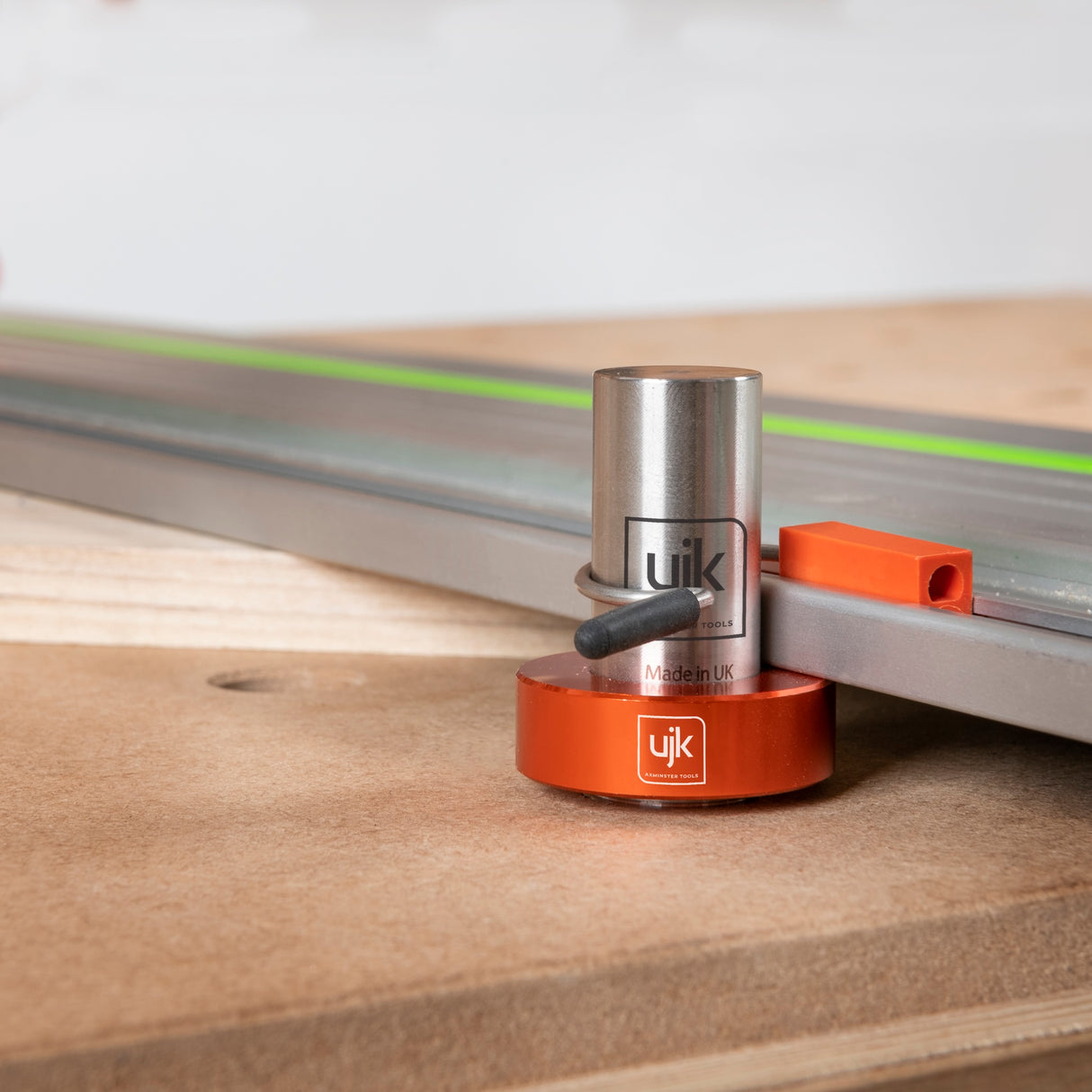 UJK Bench Dog Stop Collars Pack of 2 on 20mm Bench Dogs - Side view showcasing 38mm outer diameter and 20mm inner bore