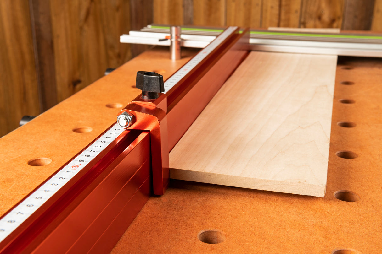 UJK Fence and Length Stop for 20mm Dog Hole Workbench, angled view