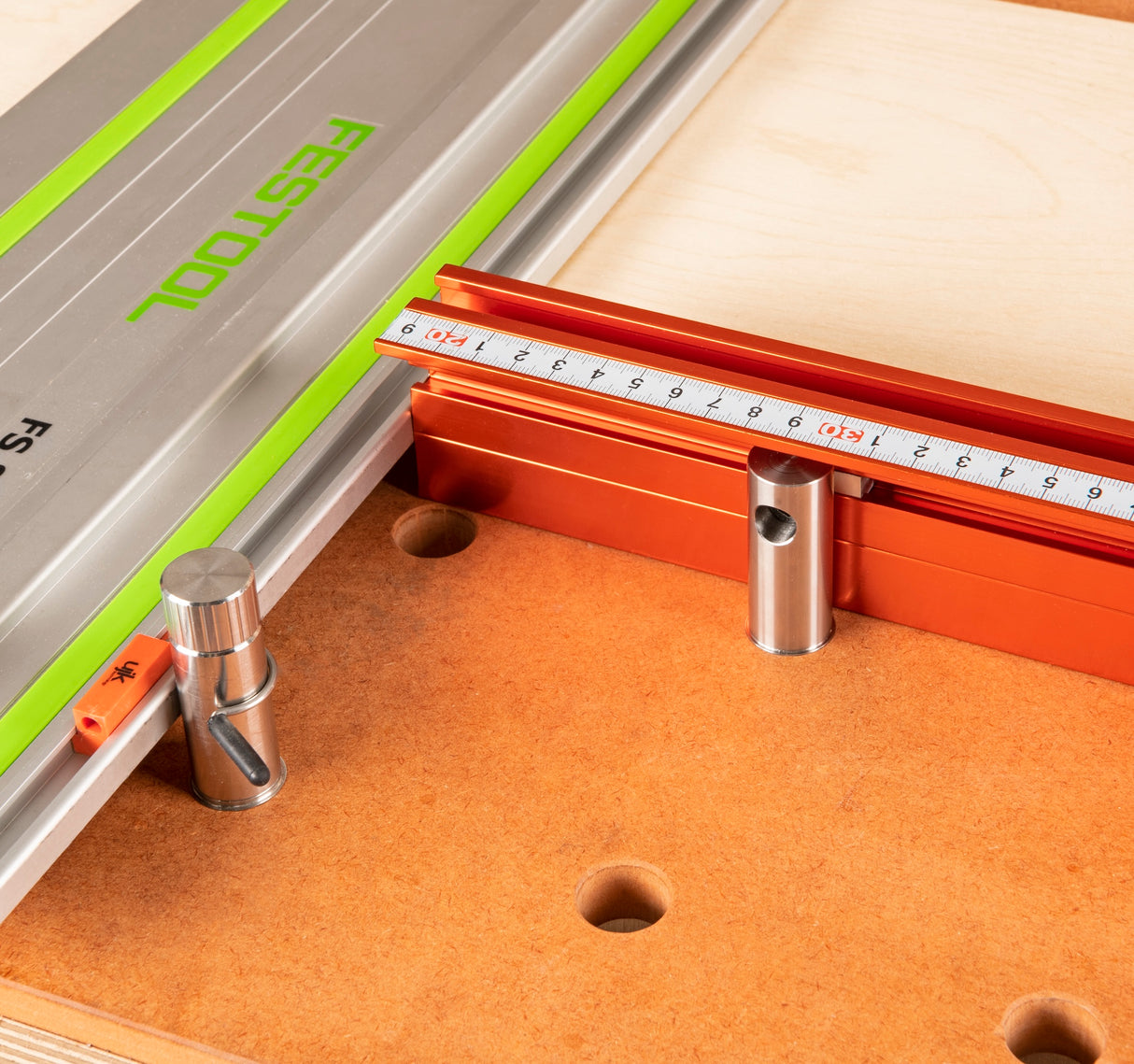 UJK Fence and Length Stop for Guide Rail Saw on 20mm Dog Hole Workbench