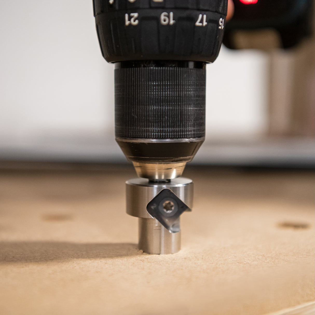 Stainless steel UJK Combined Chamfer & Reamer tool for 20mm dog holes in woodworking setting