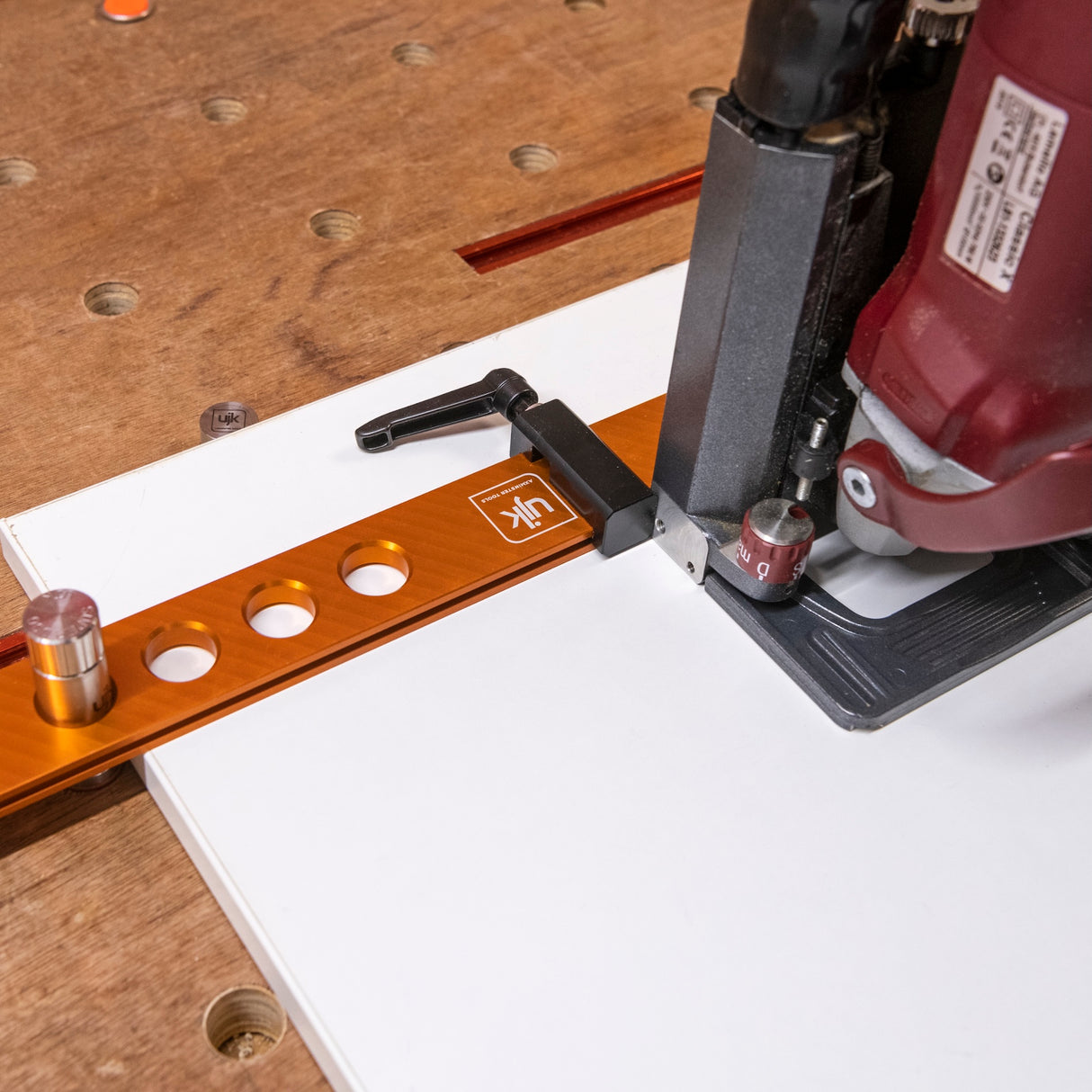 UJK Parf System Fence & Stop Kit 600mm Long in use on a workbench, compatible with UJK Parf Guide System