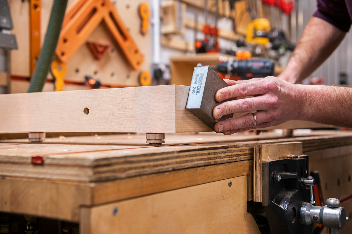 Australian-made UJK Work Support 20mm Bench Dogs Adjustable Height Pack of 4 in use with a workpiece