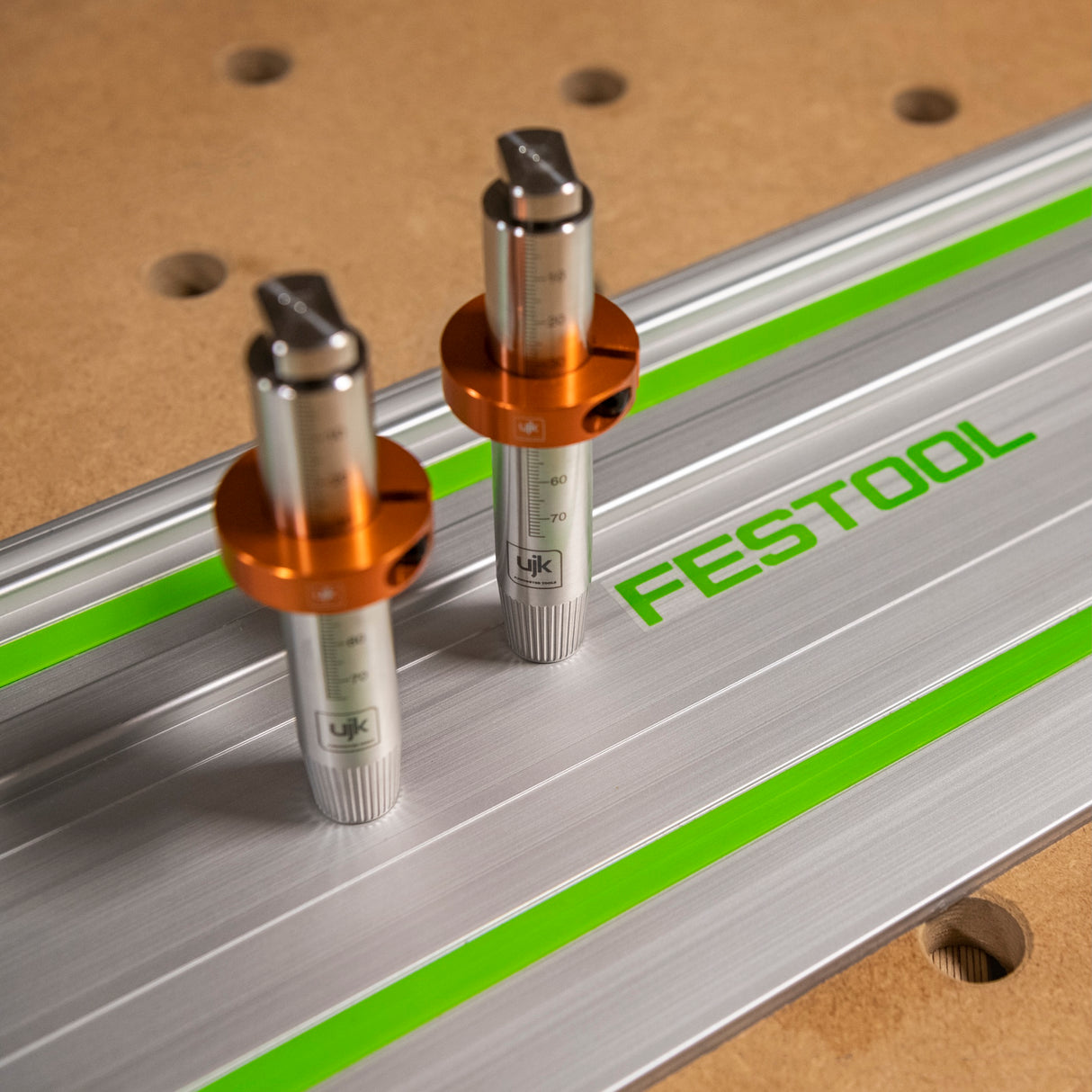 Stainless steel UJK 20mm Guide Rail Bench Dogs hidden beneath Festool guide rail