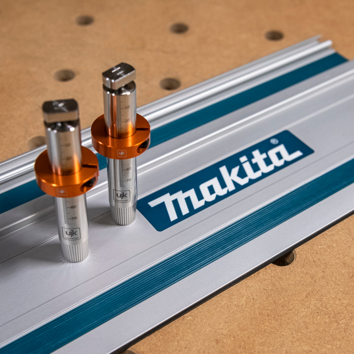 UJK 20mm stainless steel Bench Dogs for Makita guide rails, featuring Tee bolt for hidden positioning on guide rail underside