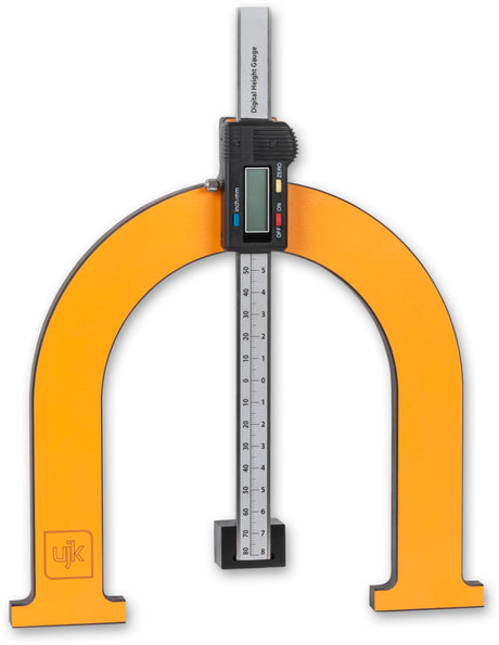 Large UJK Digital Height Gauge showing precision CNC-machined 12mm phenolic sheet body for accurate cutting depth adjustments