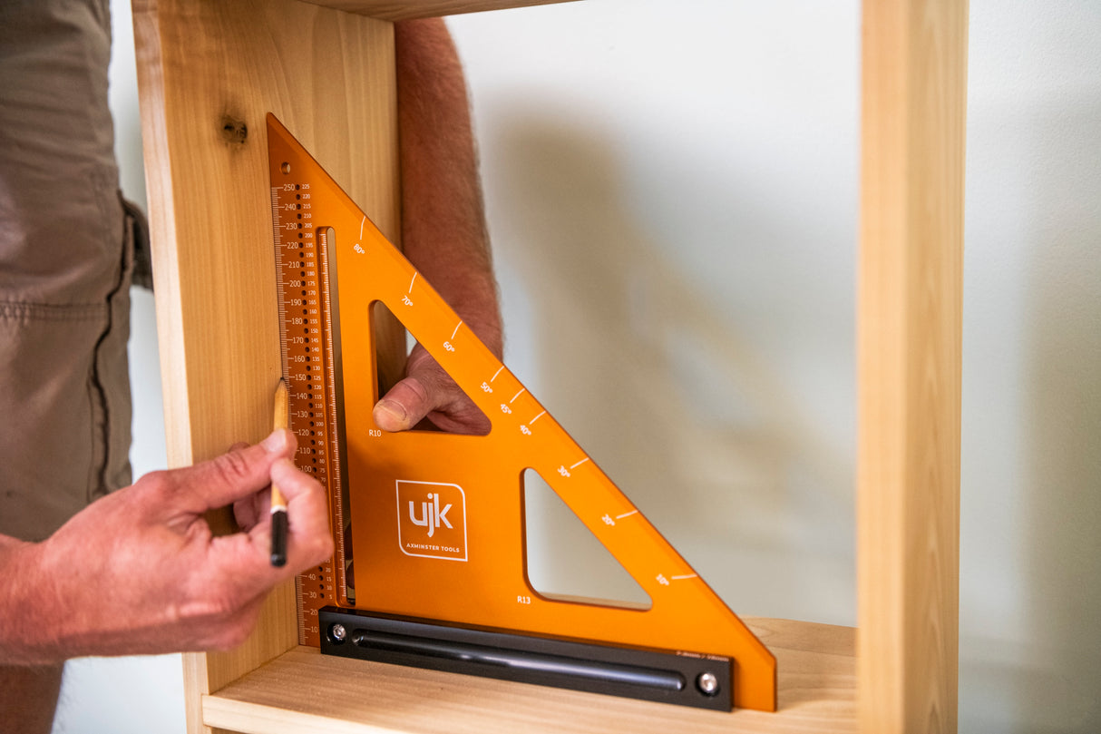 UJK 250mm Marking Square showing detailed markings and radii for precision woodworking
