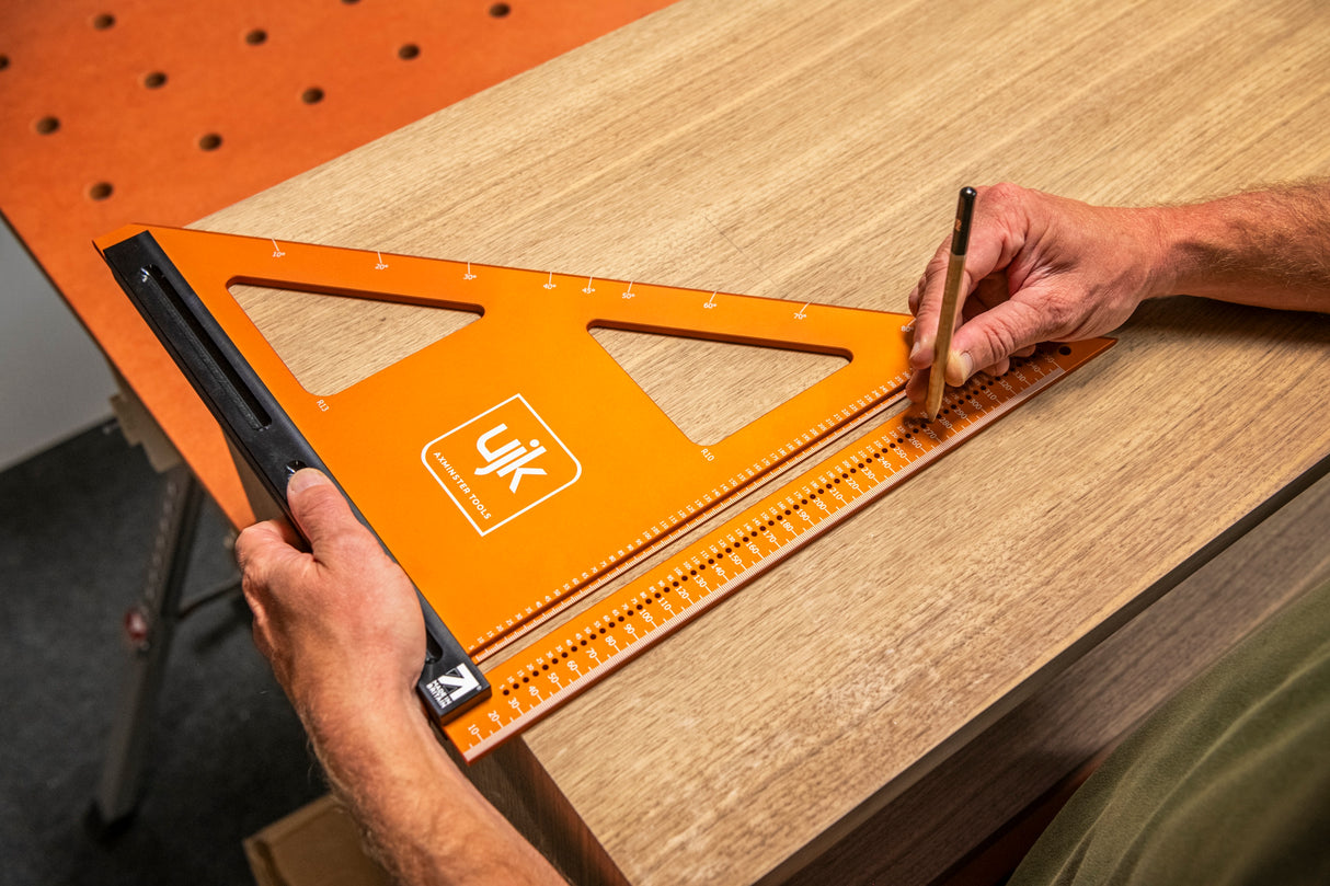UJK 350mm Marking Square with Radii Marking tool showing precision design and engineering for accurate woodworking layouts