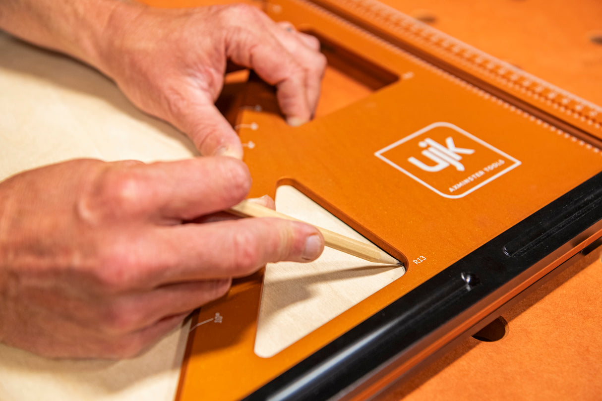 Australian-made UJK 350mm Marking Square Angle & Radii Marking tool in use on a woodworking project