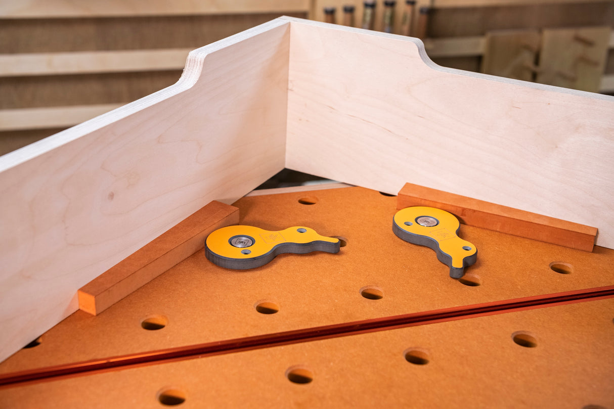 Compact UJK workbench with T-Track and 20mm dog holes, ideal for on-site work or small workshops