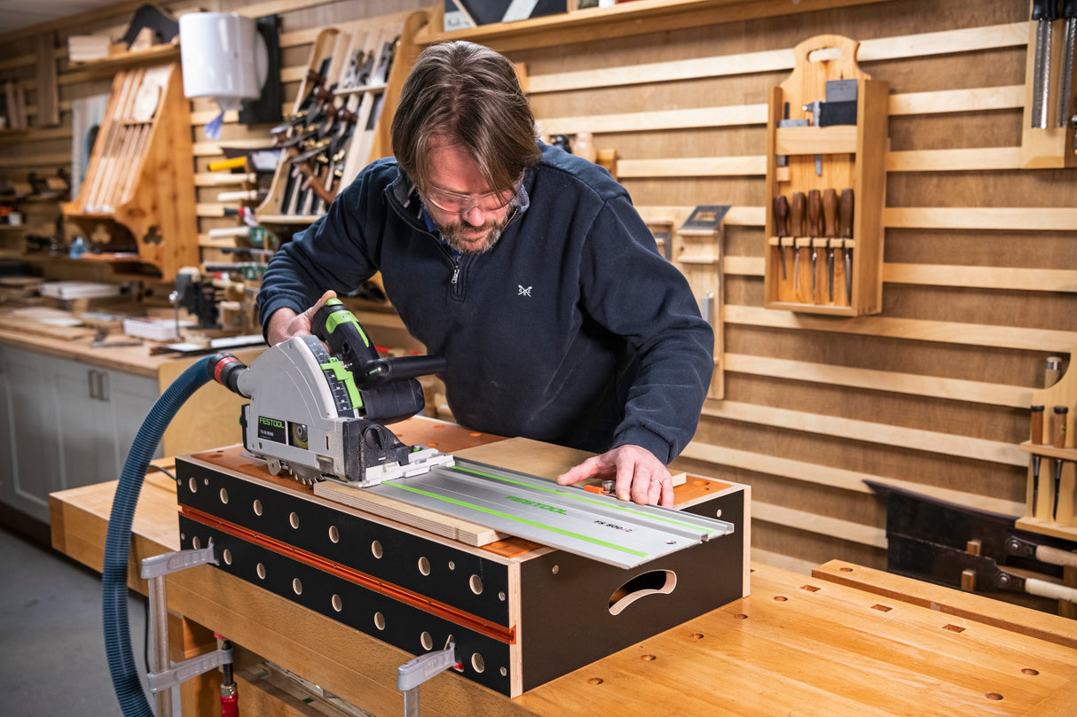 UJK Compact Multifunction Workbench with T-Track and Dog Holes, angled view