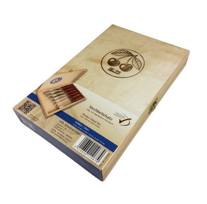 chisel set packaging back of box with brand logo on a white background