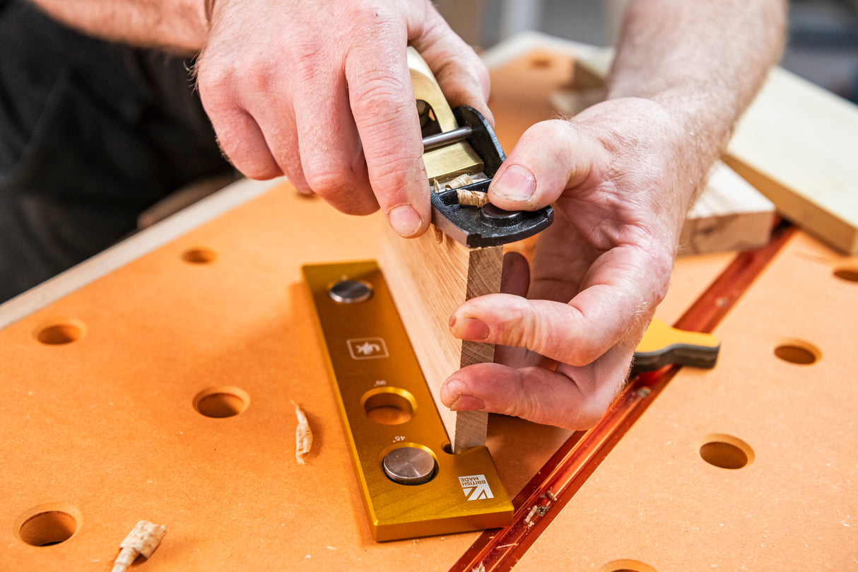 UJK Hook Stop for UJK MFT Multi Function Table in use on woodworking bench