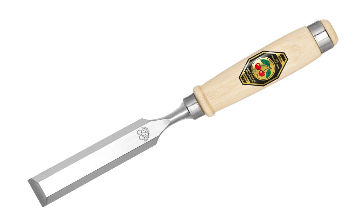 Wood chisel with a wooden handle and metal blade on a white background