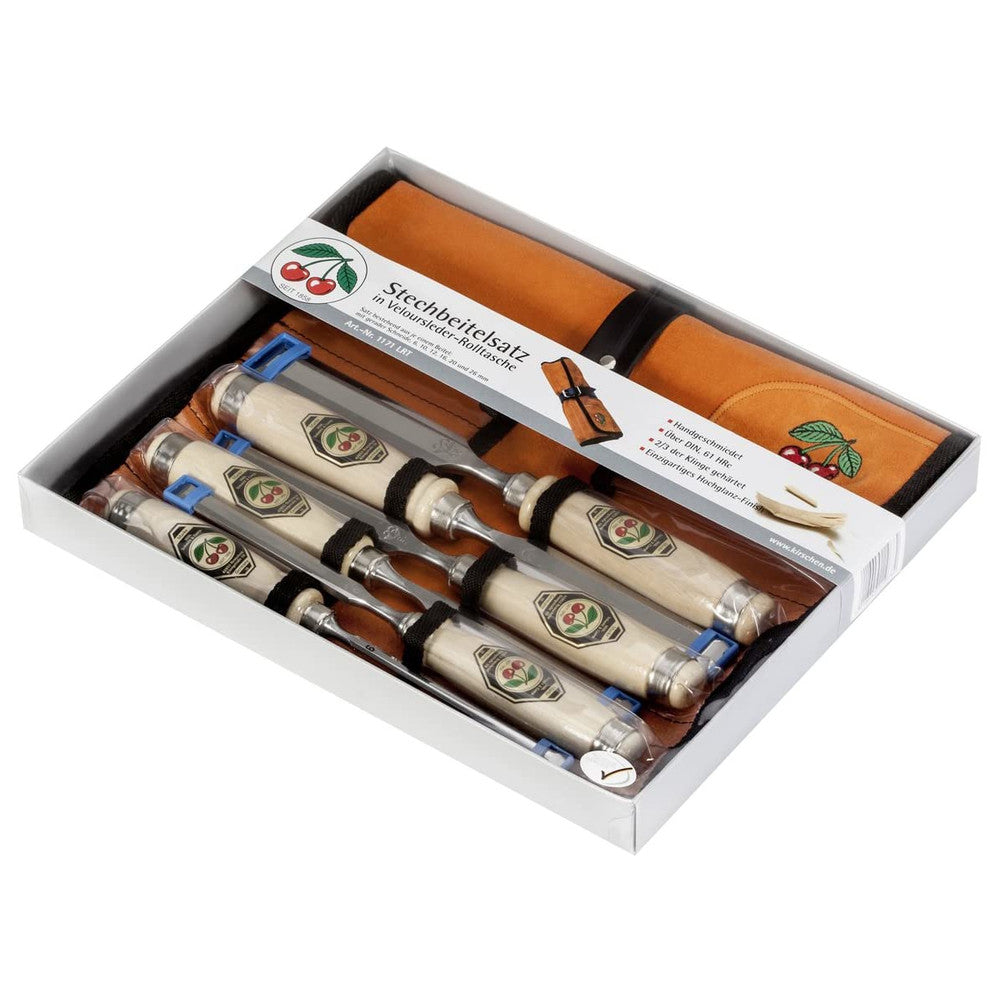 Set of wooden handled chisels and tool roll in a branded box on a white background