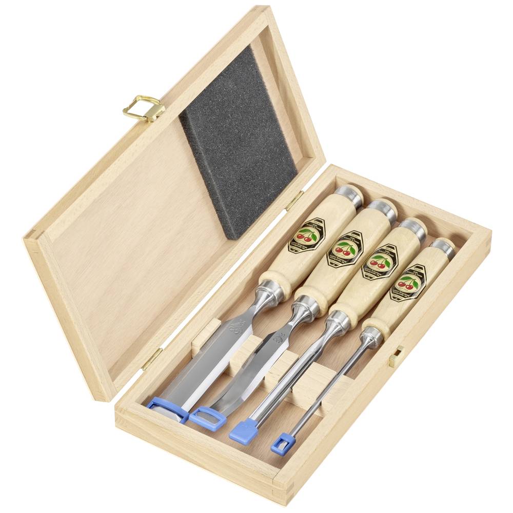 Set of chisels in a wooden box on a white background