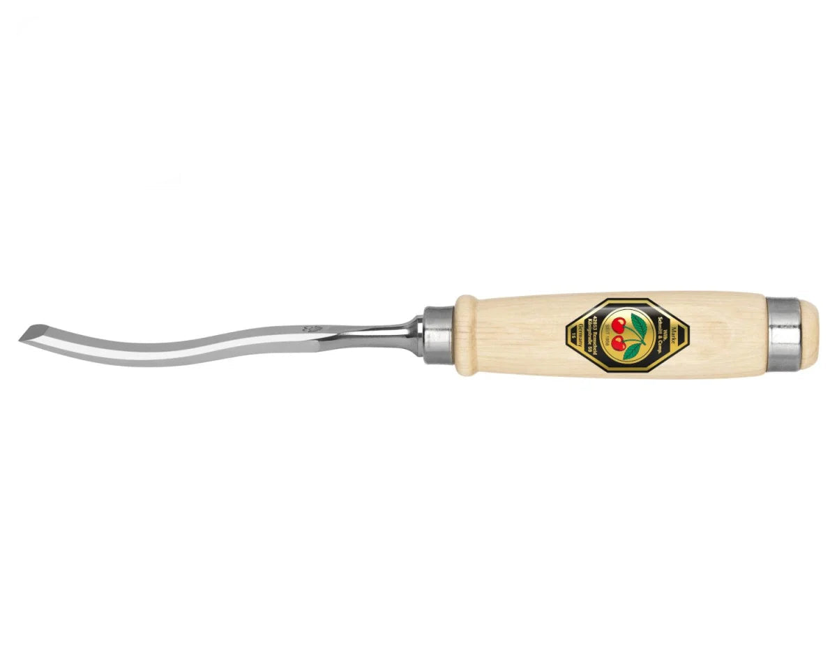 Wood carving gouge with a two cherries branded handle on a white background