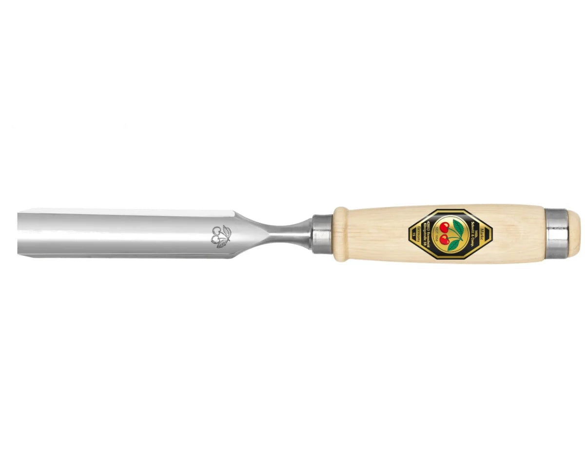 Wood carving gouge with a two cherries branded handle on a white background
