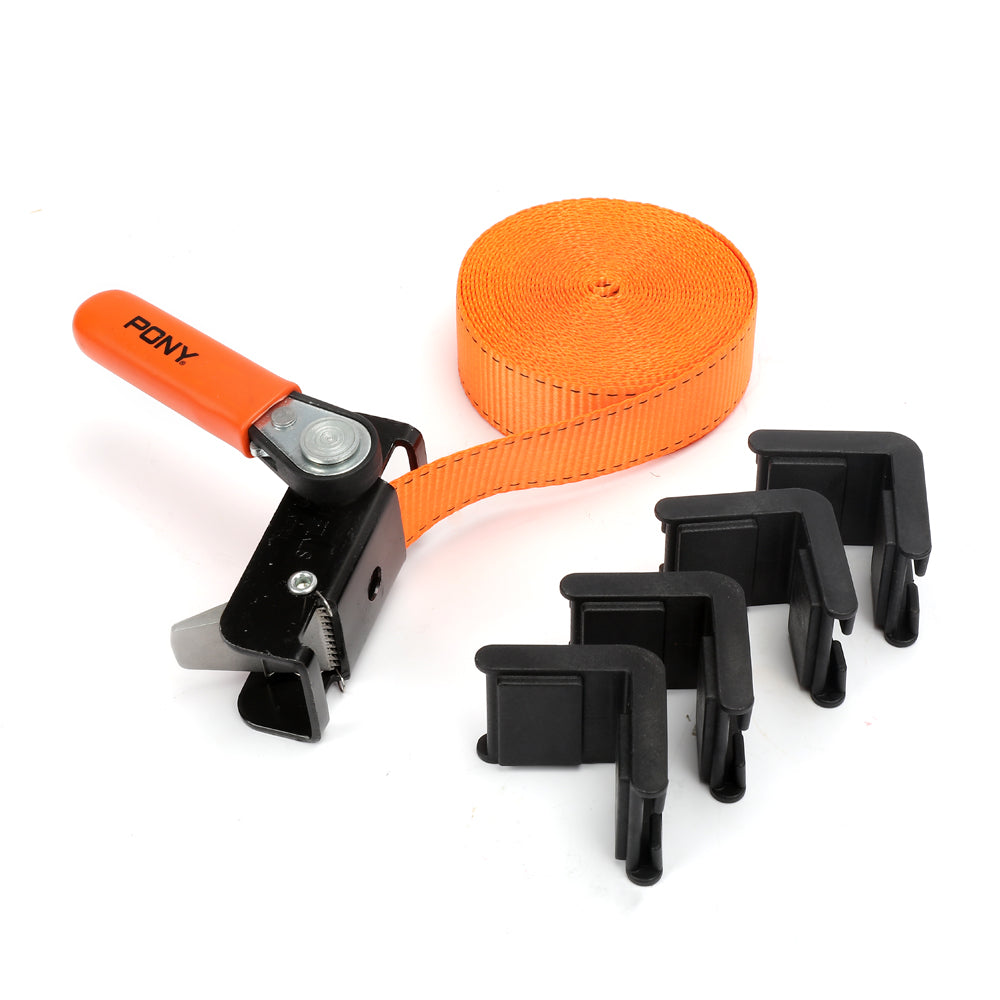 Pony Jorgensen Pack of 4 Canvas Band Clamps 4.5m Long Ratchet Style, showing high-strength nylon webbing and plastic corners for miter joints