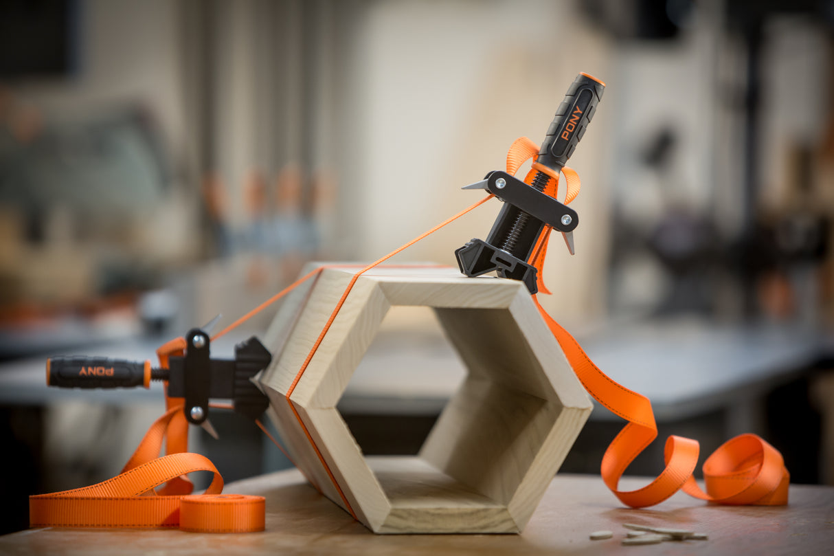 Pony Jorgensen Rapid-Acting Band Clamp in use on a woodworking project