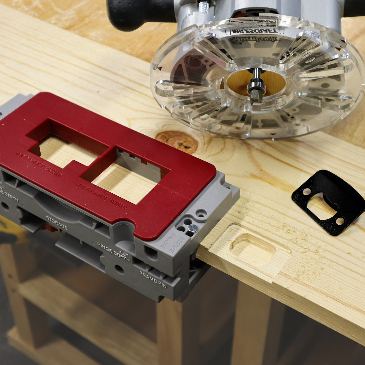 Milescraft HingeJigPLUS with PinDoctor & Router Bit in use for precise door hardware installation
