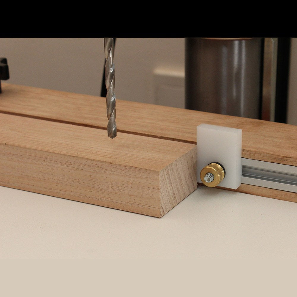 Torquata T-Track Stop & Knob 30 x 40mm Low Profile shown in use on a t-track for precise and repeatable cuts