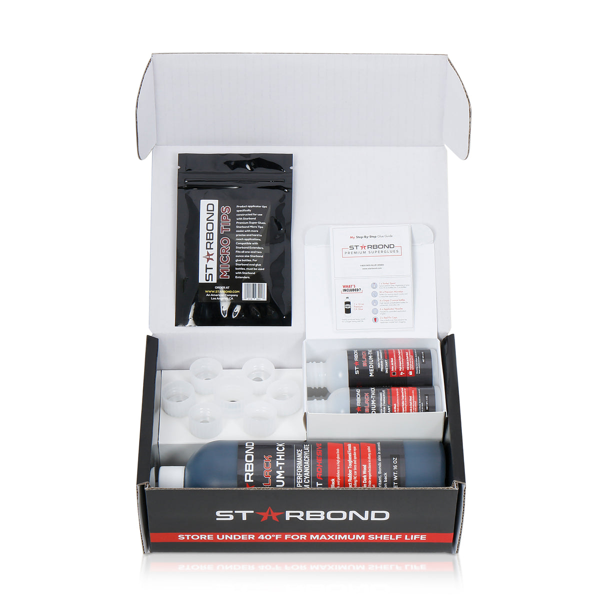 Starbond Black Medium-Thick CA Super Glue in 16oz kit - Ideal for larger repairs and bold accents, with exceptional flexibility and impact resistance