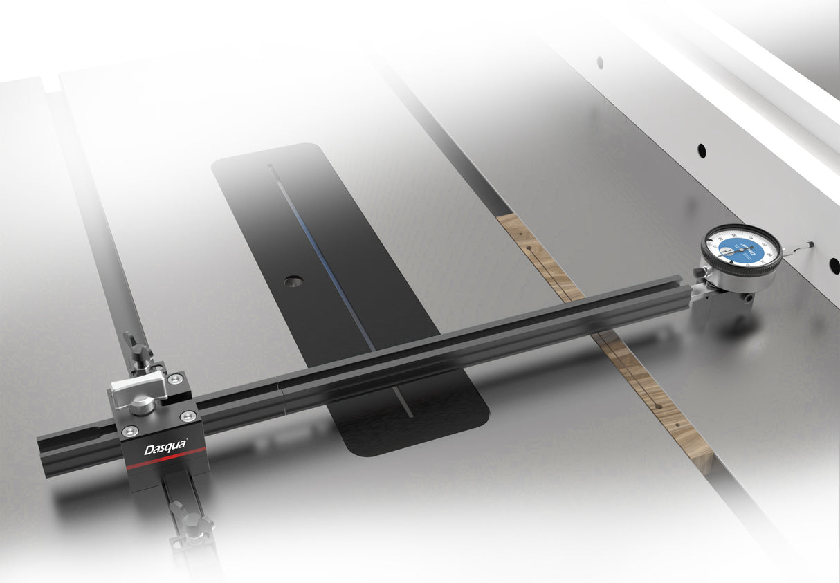 Dasqua Table Saw Dial Gauge Alignment Kit with Beam Extensions in use on a table saw slot