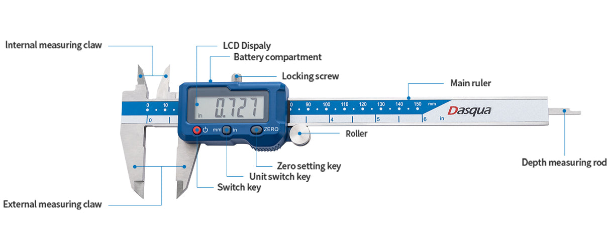 Dasqua Digital Vernier Caliper 300mm 12in Metric Imperial Case angle view ultra-precise measurement tool