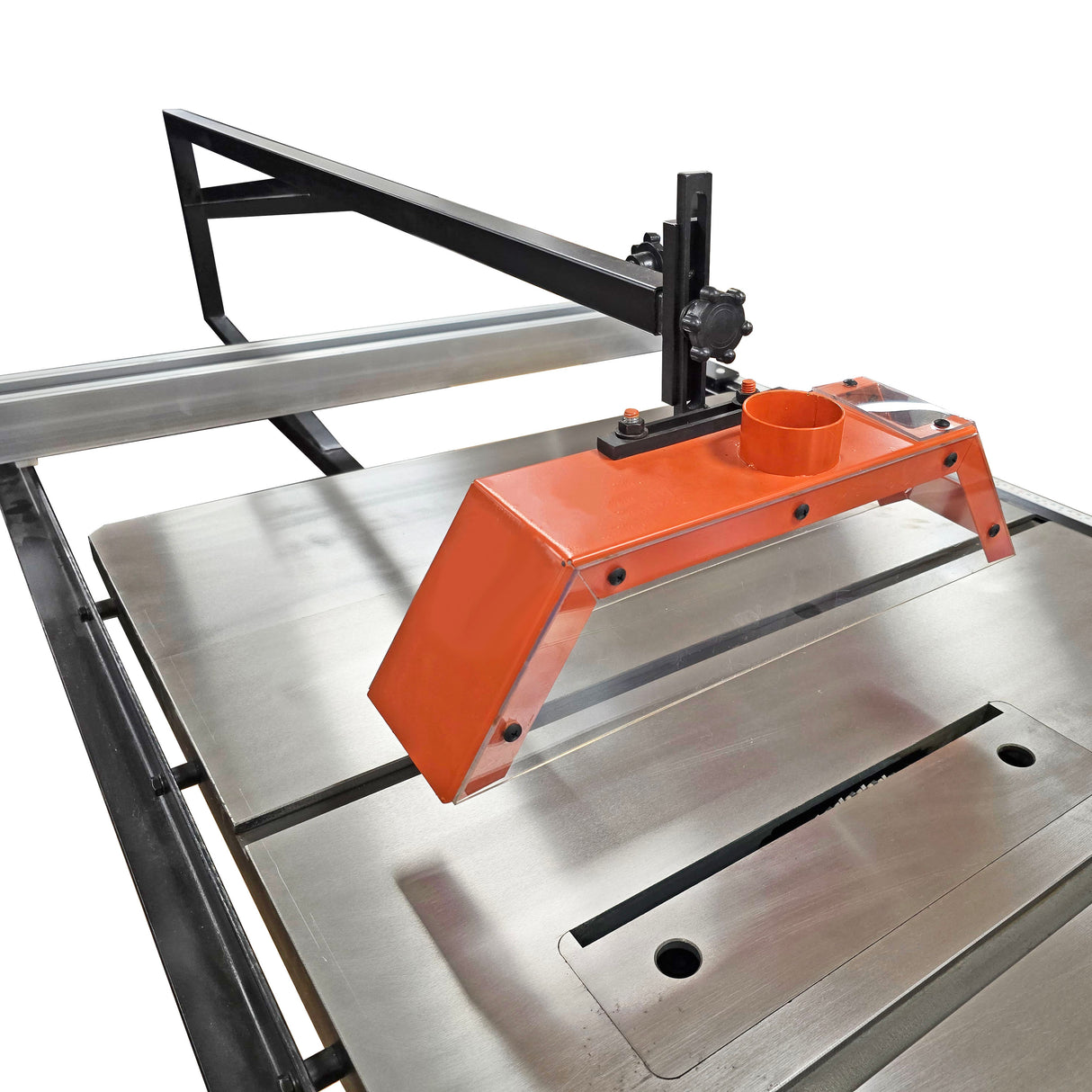 Sherwood Overhead Dust Extraction Guard for SWMS-300 Heavy-Duty Table Saw in action capturing sawdust