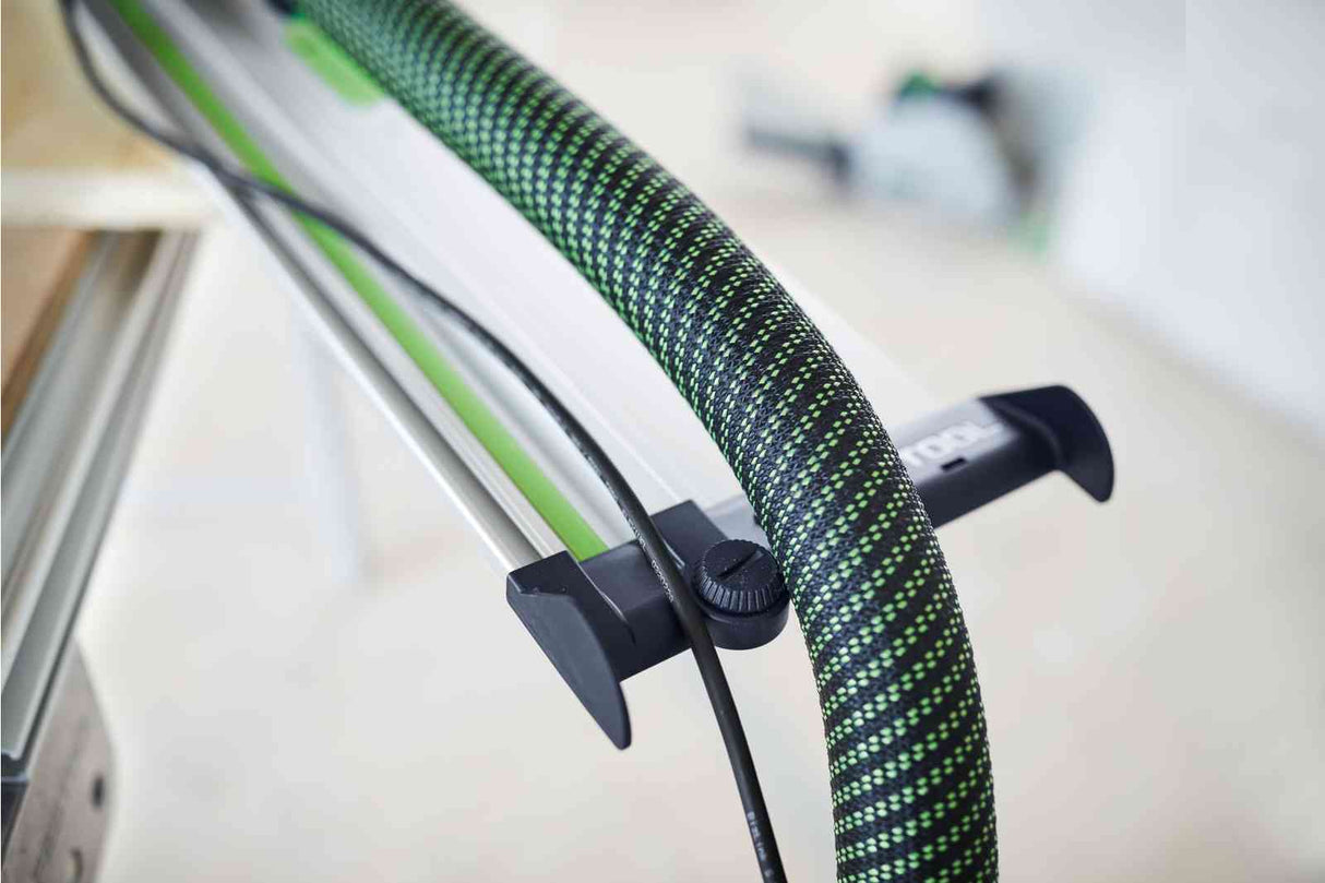 Festool FS Guide Rail Hose Guide Deflector attachment in use with plunge-cut saw or portable circular saw