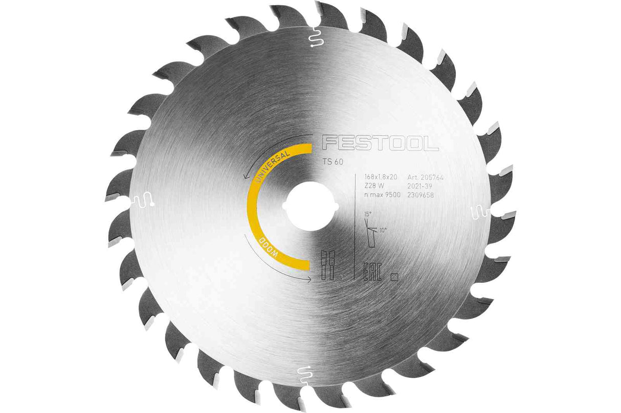 Festool 168mm 28 Tooth Universal Saw Blade for TS 60 K, TSV 60 K, CSC-SYS 50 - High-quality steel with fine grain carbide teeth