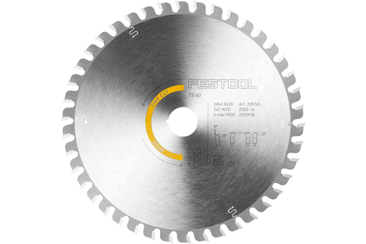 Festool 168mm Fine Tooth Saw Blade 42 Tooth for TS 60 K, TSV 60 K, CSC-SYS 50 - High-quality steel with fine grain carbide teeth