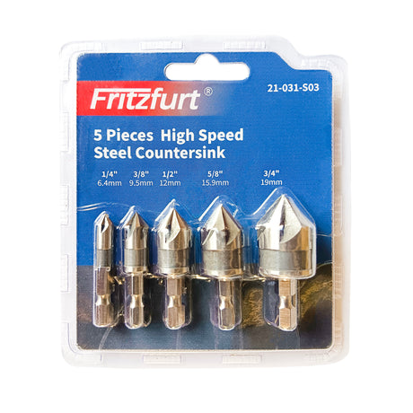 Fritzfurt Rose Head Countersink Bits Set of 5 HSS, high-speed steel construction with five-flute design for smooth drilling